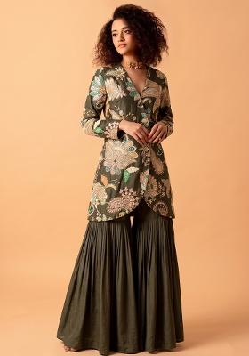 Deep Green Printed Crepe Fusion Set
