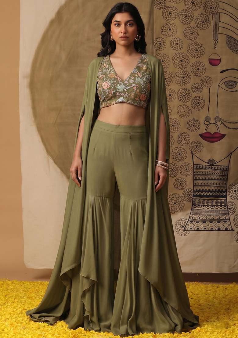 Olive Green Sequin Crepe Sharara Set - Indya