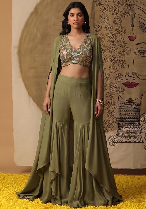 Olive Green Sequin Crepe Fusion Set