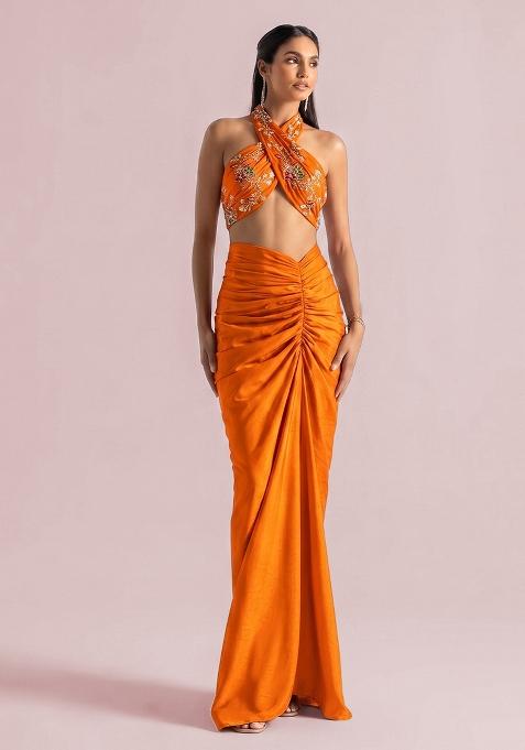 Burnt Orange Embroidered Crepe Fusion Set