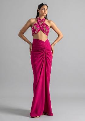 Magenta Pink Embroidered Crepe Fusion Set