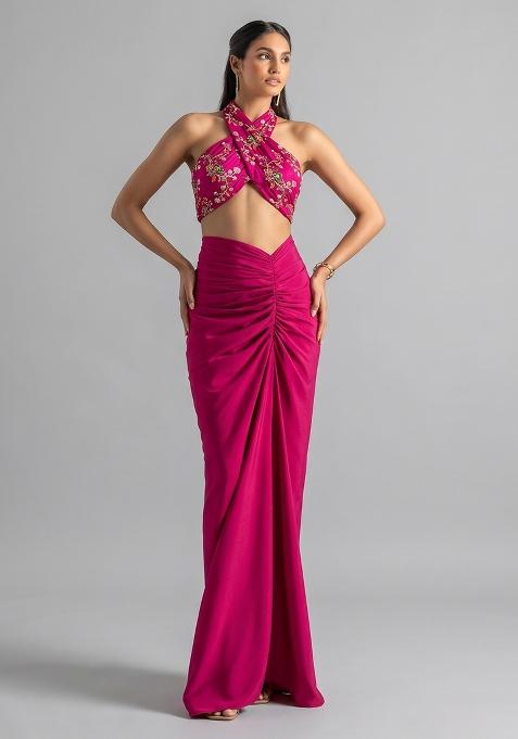 Magenta Pink Embroidered Crepe Fusion Set
