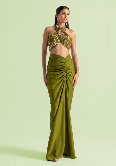 Olive Green Embroidered Crepe Fusion Set