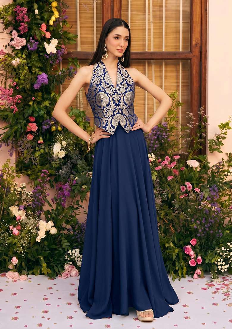 Navy Blue Brocade Lehenga Set for Diwali and Festive Wear - Indya