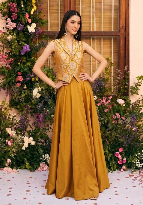 Mustard Brocade Lehenga Set