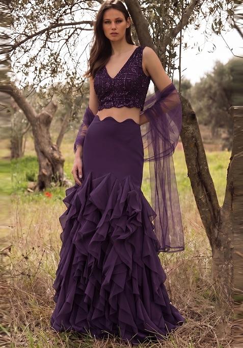 Deep Purple Embellished Net Fusion Set