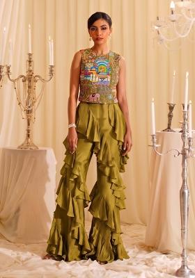 Olive Green Embroidered Crepe Fusion Set