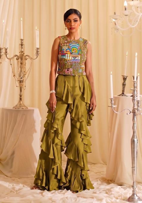 Olive Green Embroidered Crepe Fusion Set