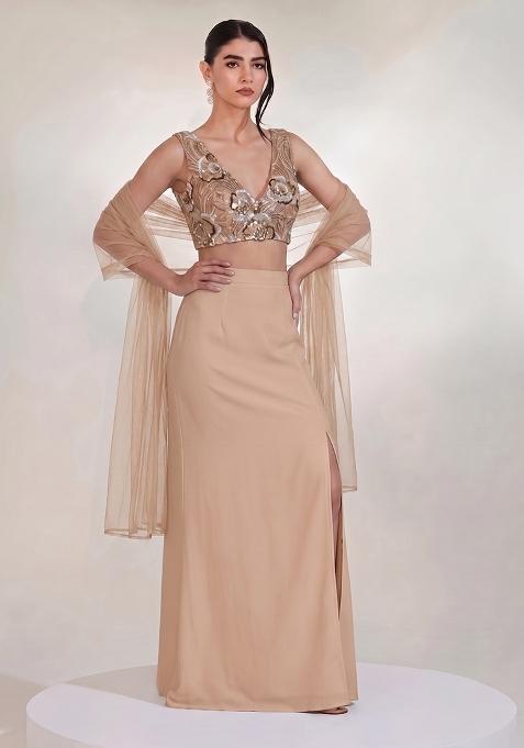 Nude Beige Embroidered Net Fusion Set