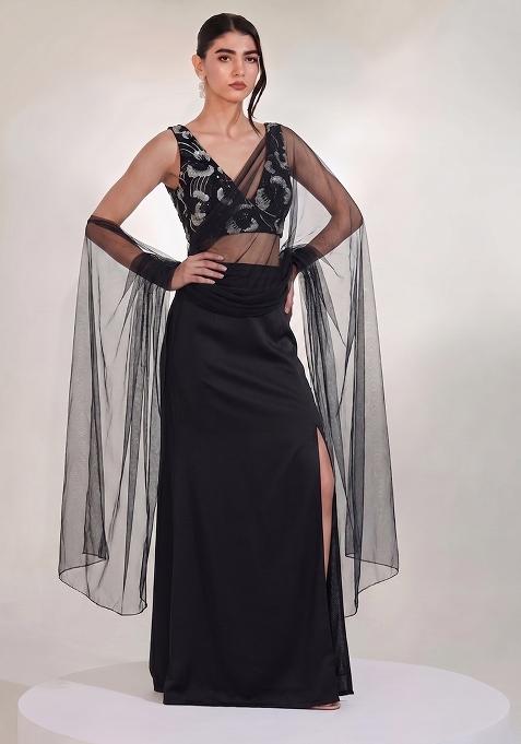 Jet Black Embroidered Net Fusion Set