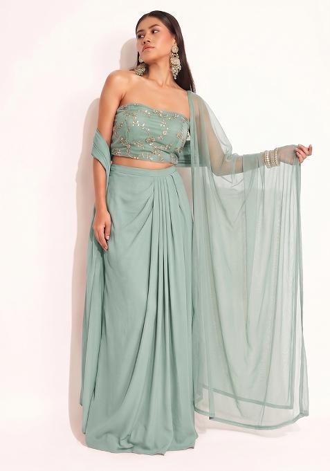 Mint Green Embroidered Organza Pre Draped Saree Set
