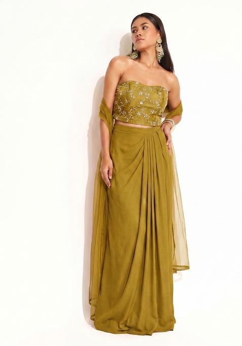 Olive Green Embroidered Organza Pre Draped Saree Set