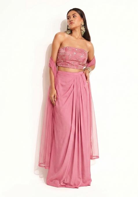 Pink Embroidered Organza Pre Draped Saree Set