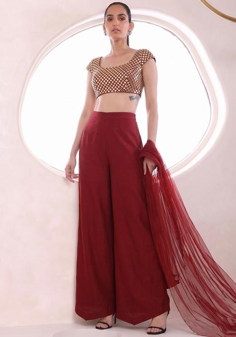 Maroon Red Embroidered Fusion Set