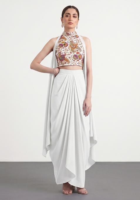 White Embroidered Crepe Fusion Set