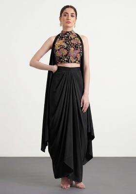 Jet Black Embroidered Crepe Fusion Set