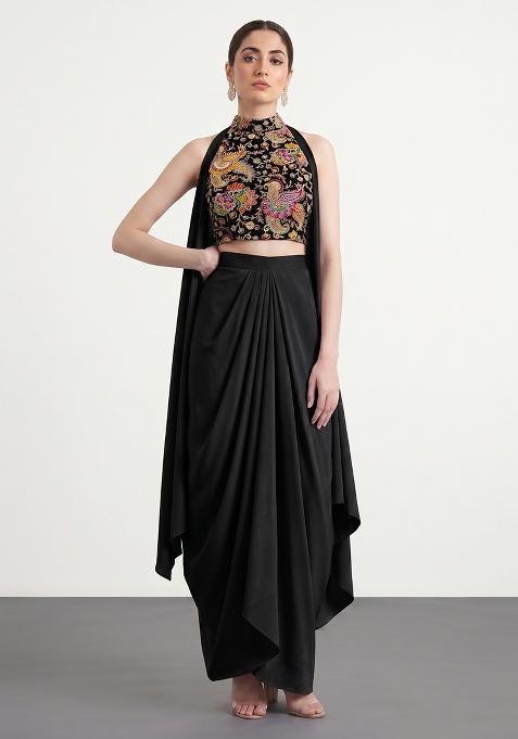 Jet Black Embroidered Crepe Fusion Set