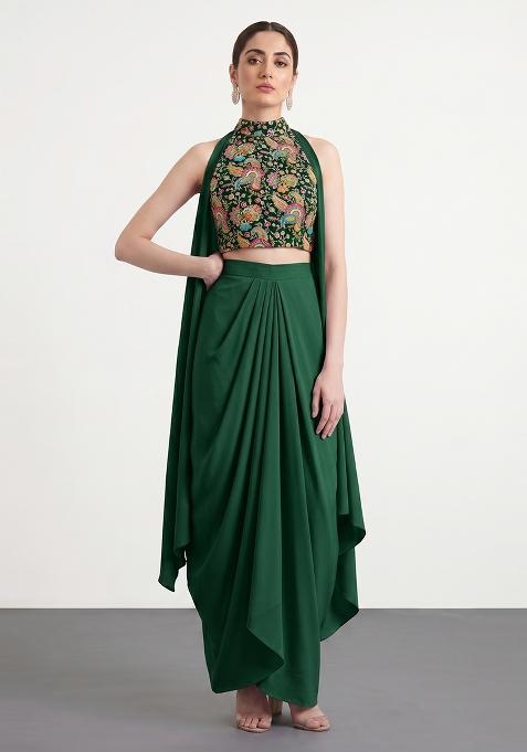 Emerald Green Embroidered Crepe Fusion Set