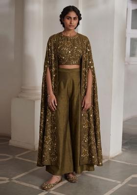 Olive Green Embroidered Fusion Set