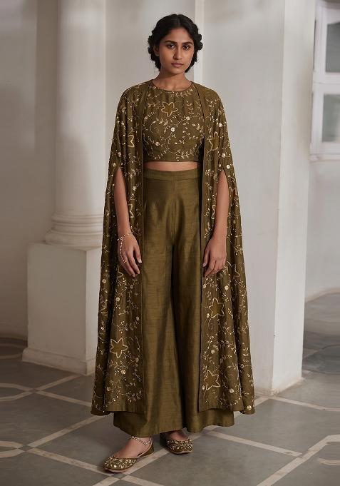 Olive Green Embroidered Fusion Set
