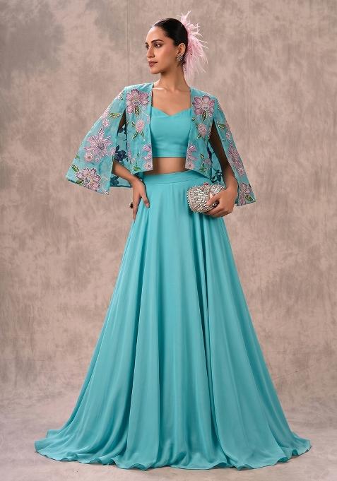 Teal Blue Printed Tissue Lehenga Set