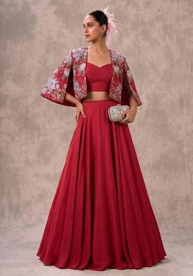 Crimson Red Printed Tissue Lehenga Set