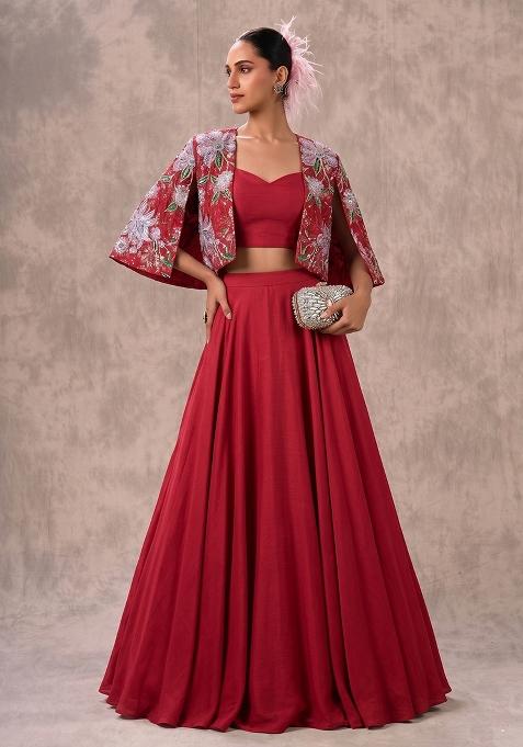 Crimson Red Printed Tissue Lehenga Set