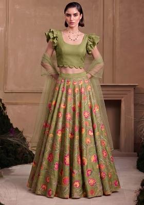 Olive Green Printed Chanderi Lehenga Set