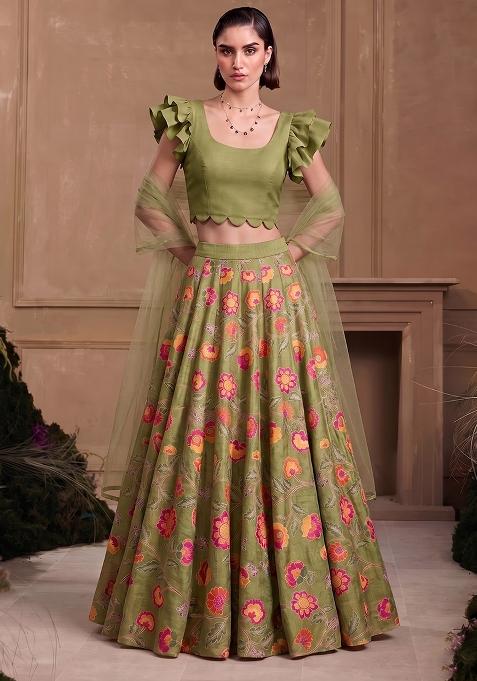 Olive Green Printed Chanderi Lehenga Set