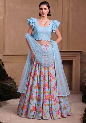 Sky Blue Printed Chanderi Lehenga Set