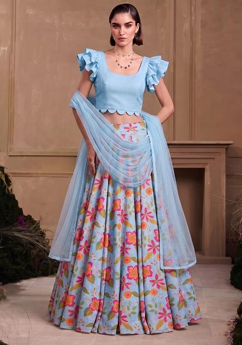 Sky Blue Printed Chanderi Lehenga Set