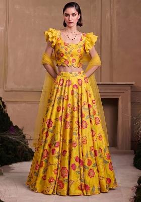 Mustard Yellow Printed Chanderi Lehenga Set