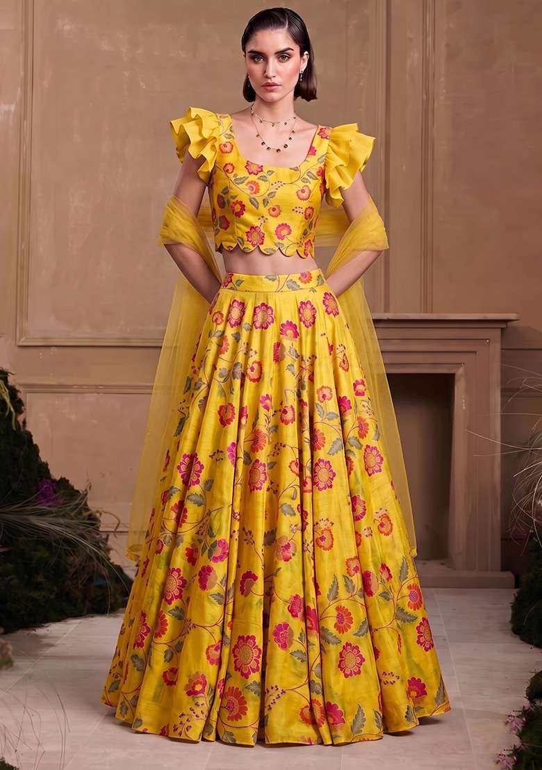 Mustard Yellow Printed Chanderi Lehenga Set for Diwali and Festive Wear - Indya