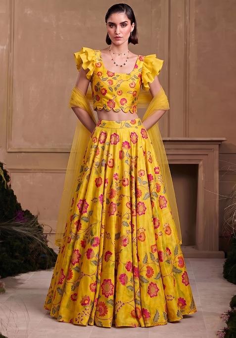 Mustard Yellow Printed Chanderi Lehenga Set