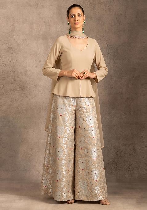 Cream Beige Zari Silk Fusion Set
