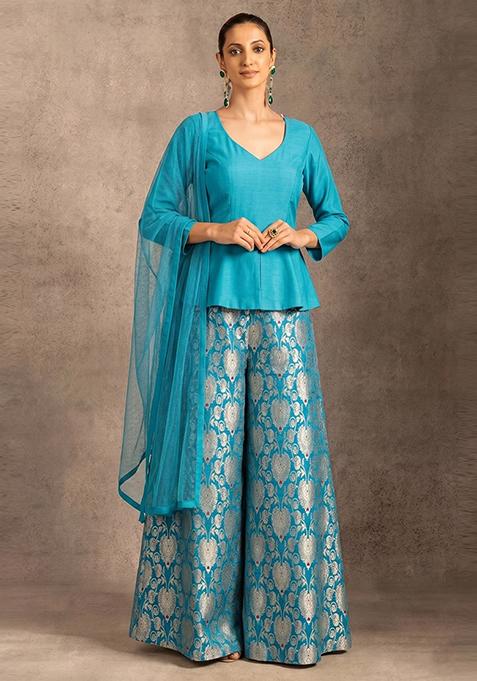 Teal Blue Zari Silk Fusion Set