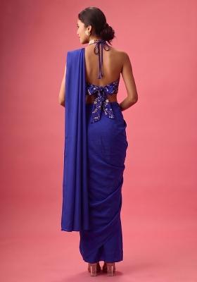 Royal Blue Embroidered Crepe Pre Draped Saree Set