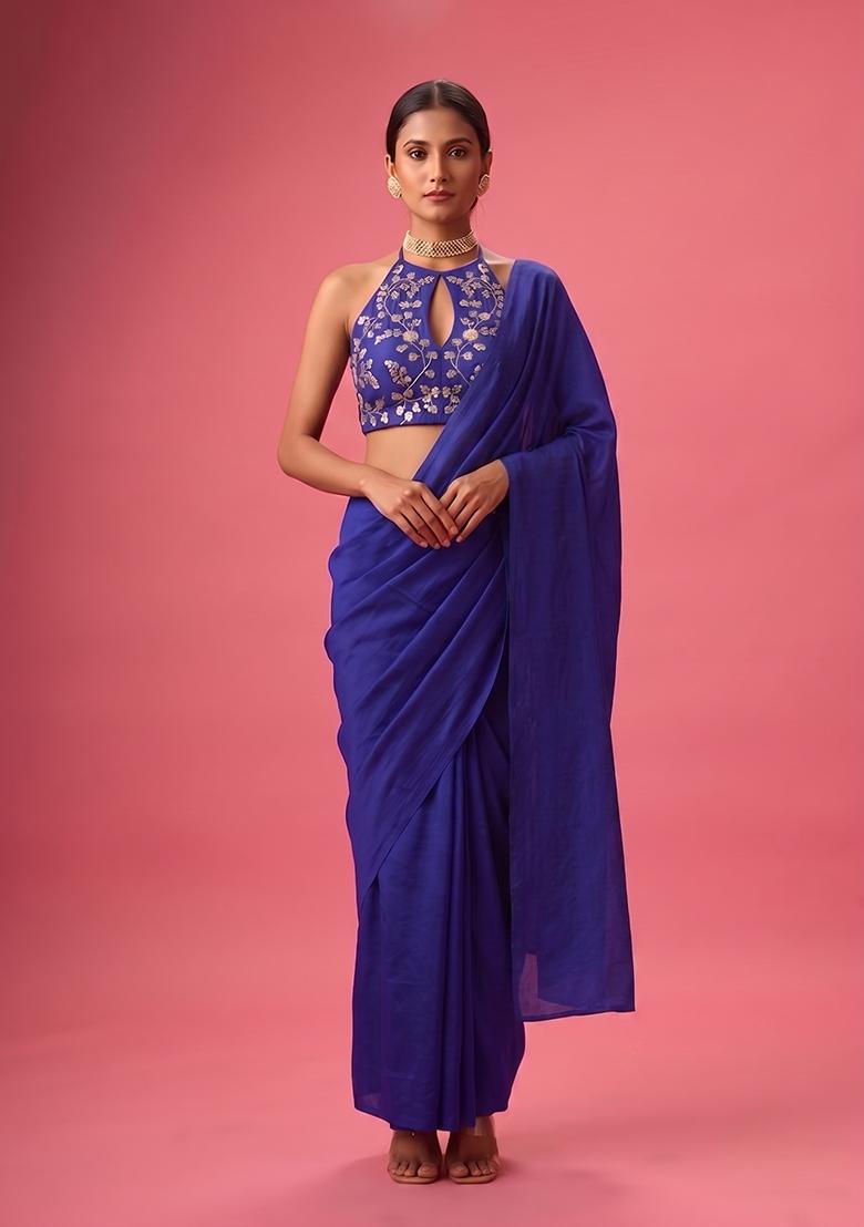 Royal Blue Embroidered Crepe Pre Draped Saree Set - Indya