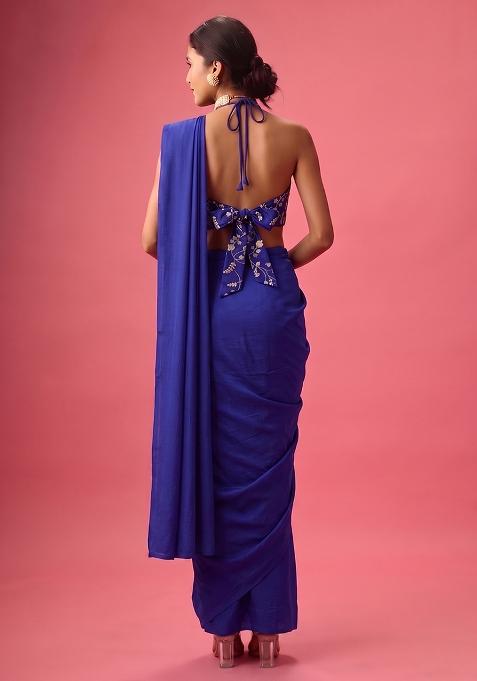 Royal Blue Embroidered Crepe Pre Draped Saree Set
