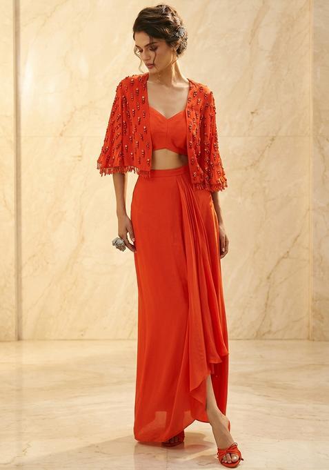 Orange Embroidered Handwork Fusion Set