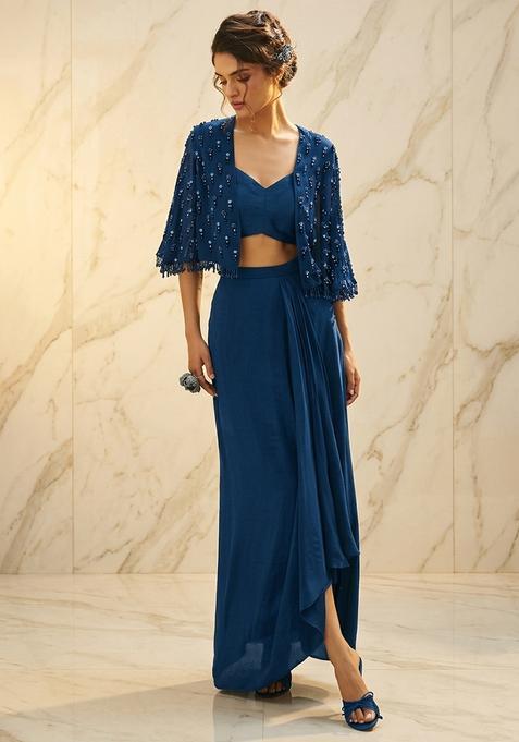 Navy Blue Embroidered Handwork Fusion Set