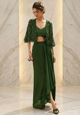 Forest Green Embroidered Handwork Fusion Set