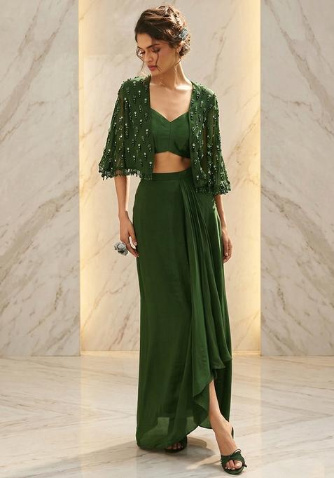 Forest Green Embroidered Handwork Fusion Set