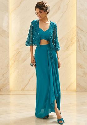 Peacock Blue Embroidered Handwork Fusion Set