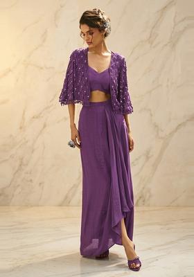 Purple Embroidered Handwork Fusion Set