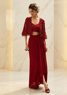 Red Embroidered Handwork Fusion Set