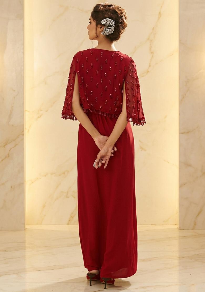 Red Embroidered Handwork Fusion Set - Indya