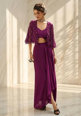 Purple Embroidered Handwork Fusion Set