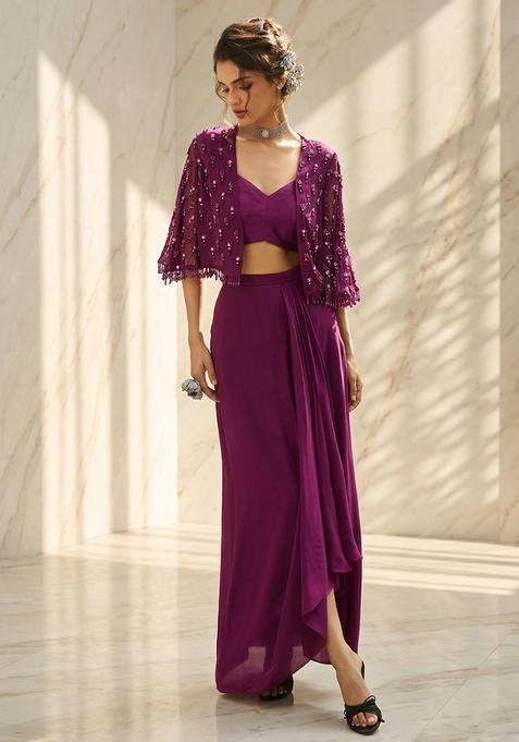 Purple Embroidered Handwork Fusion Set