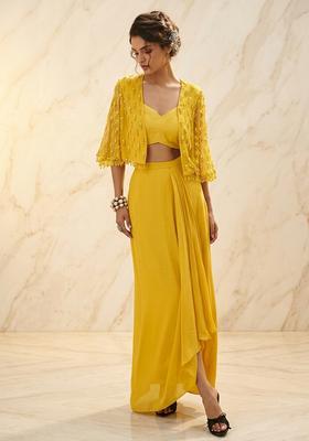 Yellow Embroidered Handwork Fusion Set